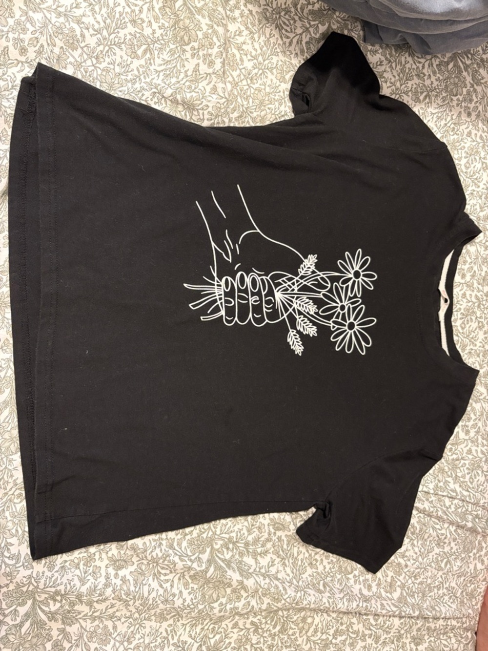 ROMWE Black Tee with White Floral Hand Graphic